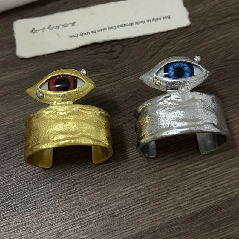 Vintage Ethnic Alloy Metal Blue Eyes Cuff Bracelet For Women Fashion Jewelry Exaggerated Hand Open Bangles Accessories