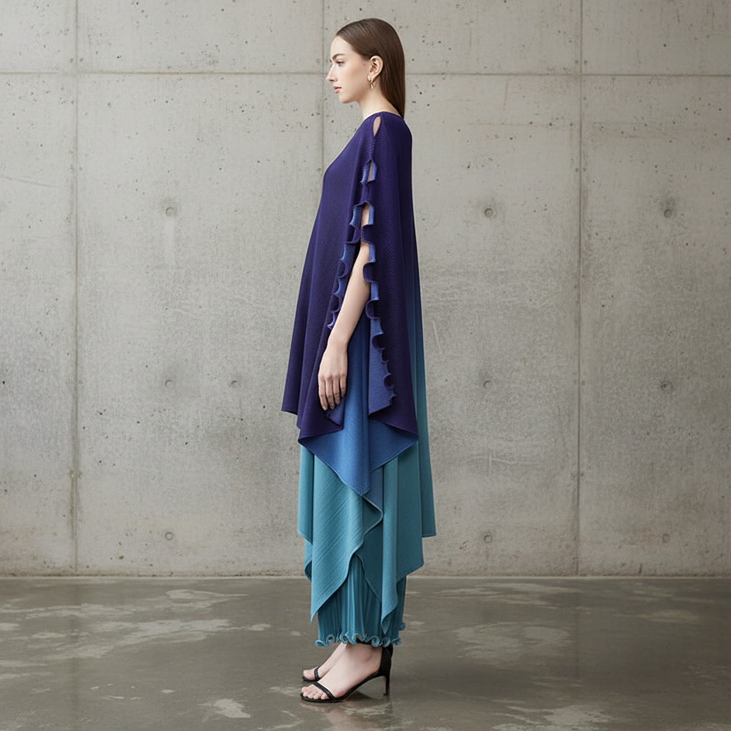 Miyake style  Pleated Bat Raglan Sleeve Irregular Dress Set Women 2025 New Fashion Original Designer Gradient Printing Two Piece Sets