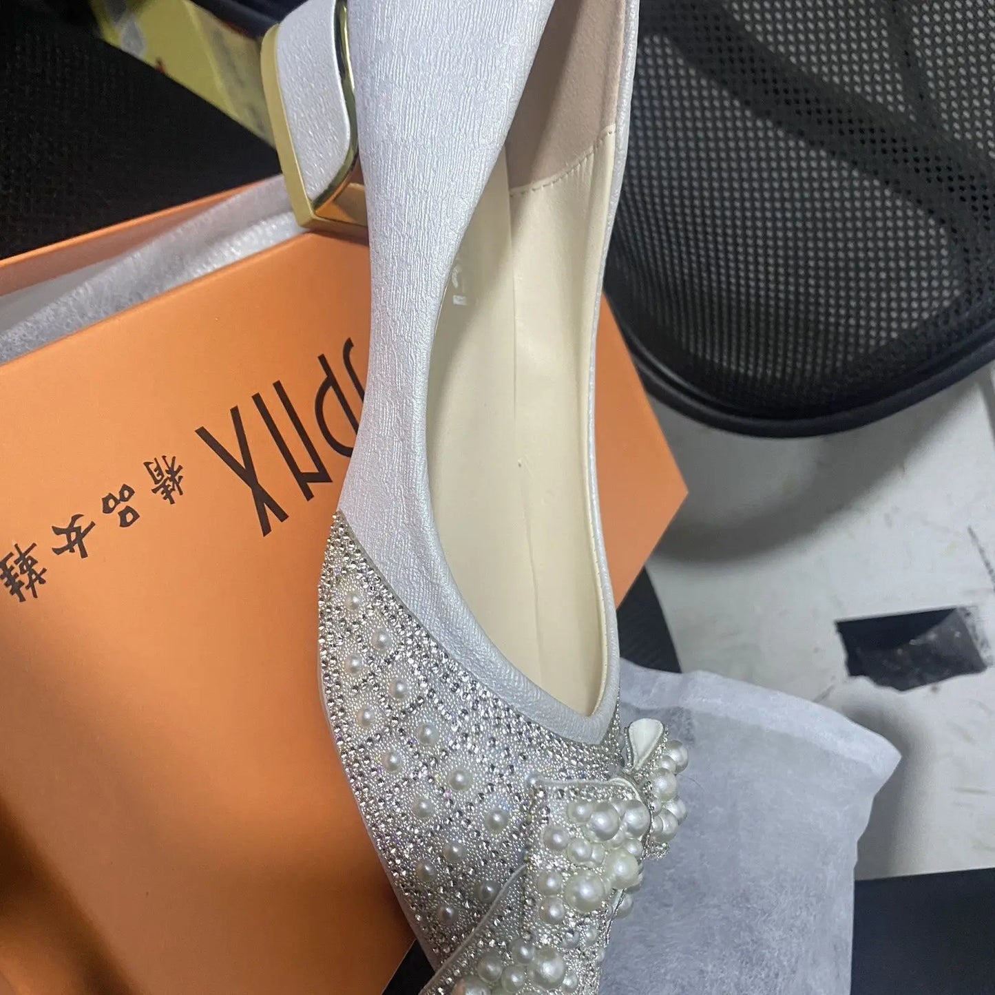 Women's Summer Footwear Pearl Square Heels Shoes for Woman 2025 Pointed Toe Diamond Low Heel Elegant with Crystals Rhinestone