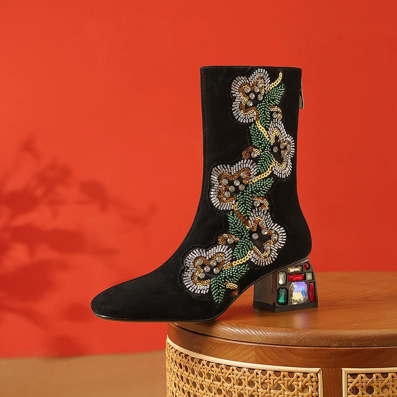 Dilalula 2026 Genuine Cow Suede Ethic Ankle Boots Women Square Toe Crystal Heel Embroider Short Boots Female Beads Dec Footwear