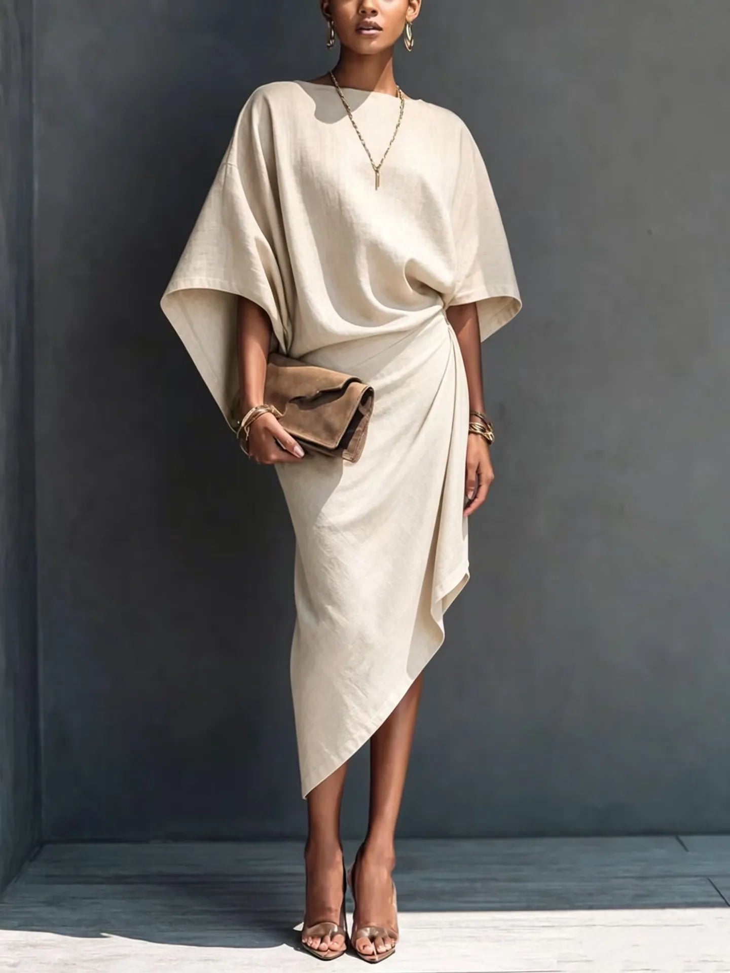 Elegant Women Linen Dress Batwing Sleeve Draped Wrap Design Asymmetrical Midi Dress Loose Fit Summer Office Evening Party Outfit