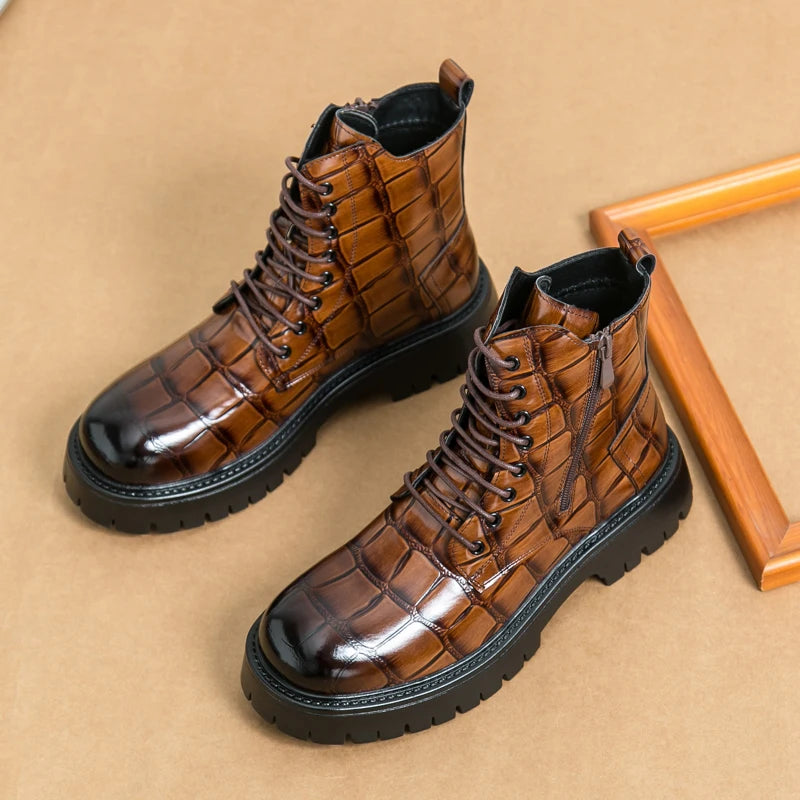 Luxury Brand Men's Autumn and Winter Crocodile Leather Side Zipper High Top Boots Fashionable New Men's Comfortable Short Boots