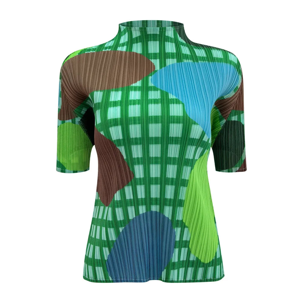 Miyake Elegant Green Plaid Color Block Print Pleated Top Mock Neck Half Sleeve Elastic Tee Daily Commute Office