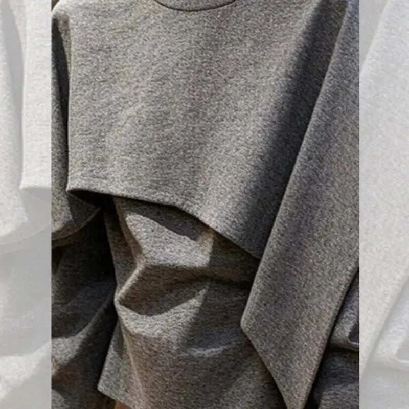 Limiguyue Spring Autumn Gray Pullover Shirts Women Daily Trendy Splice Long Sleeve Tops Loose Irregular Blouse Designer 180B