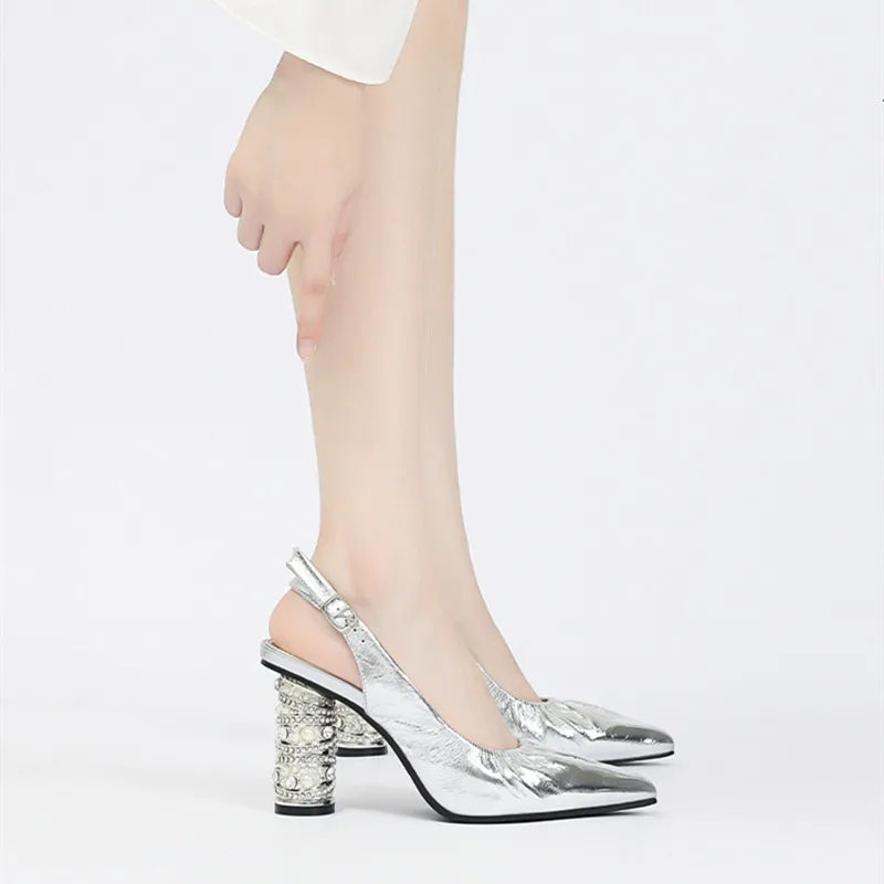 Luxury Pearls Rhinestones Genuine Leather Women Pumps Elegant Pointed toe Pleated Slingbacks High heels Female Party Dress Shoes