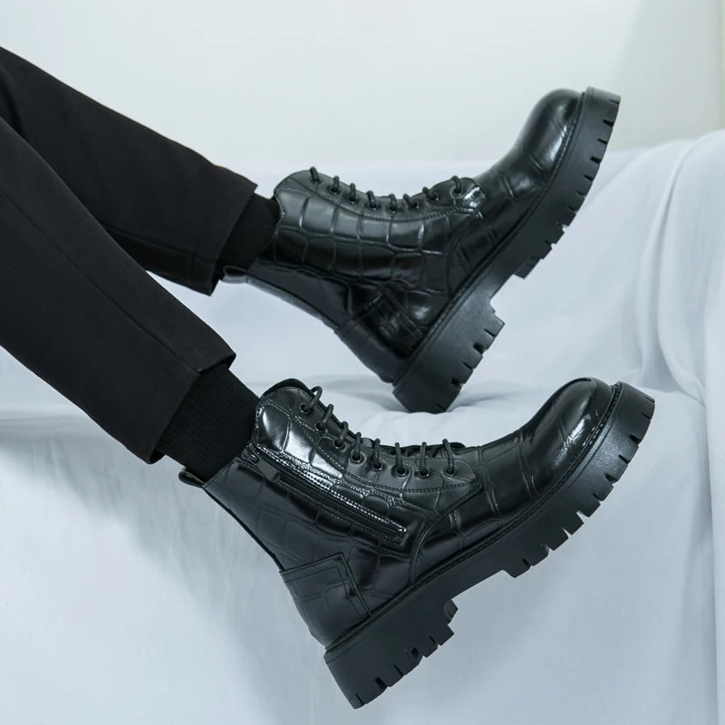 Luxury Brand Men's Autumn and Winter Crocodile Leather Side Zipper High Top Boots Fashionable New Men's Comfortable Short Boots