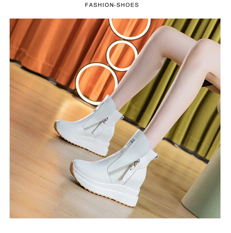 9cm White Black Women Ankle Boots Platform Wedge Heel Booties Shoes Microfiber Leather Spring Winter Fashion Sneakers High Top