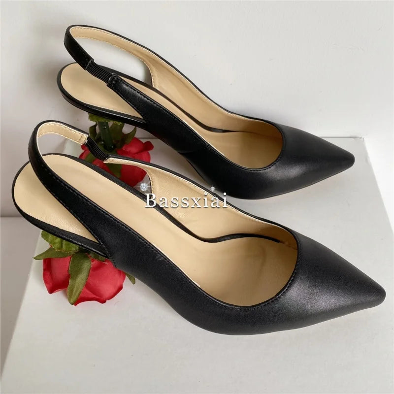 Unique Rose Flower Heel Women Pumps Genuine Leather Slingbacks Sexy Pointed Toe Dress Shoes For Girls