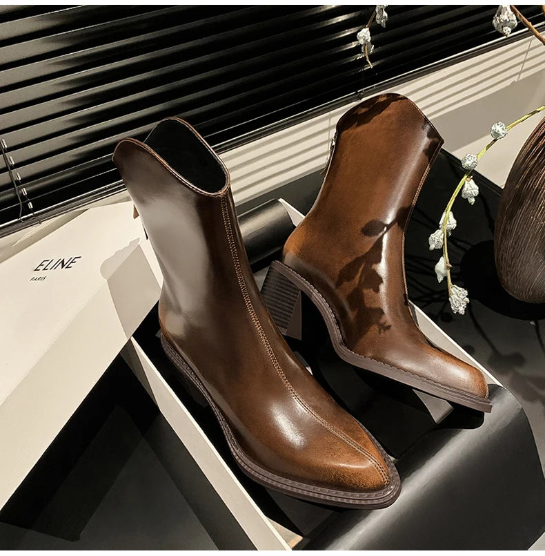 Ods New Women Genuine Leather Pointed Toe Knee High Boots Black White Brown Side Zipper Female Shoes Thick Heel Plus Size 42