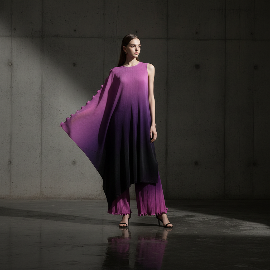 Miyake style  Pleated Bat Raglan Sleeve Irregular Dress Set Women 2025 New Fashion Original Designer Gradient Printing Two Piece Sets