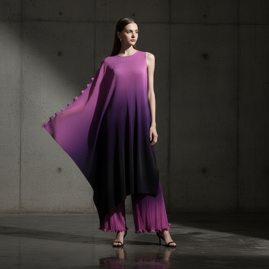 Miyake style  Pleated Bat Raglan Sleeve Irregular Dress Set Women 2025 New Fashion Original Designer Gradient Printing Two Piece Sets