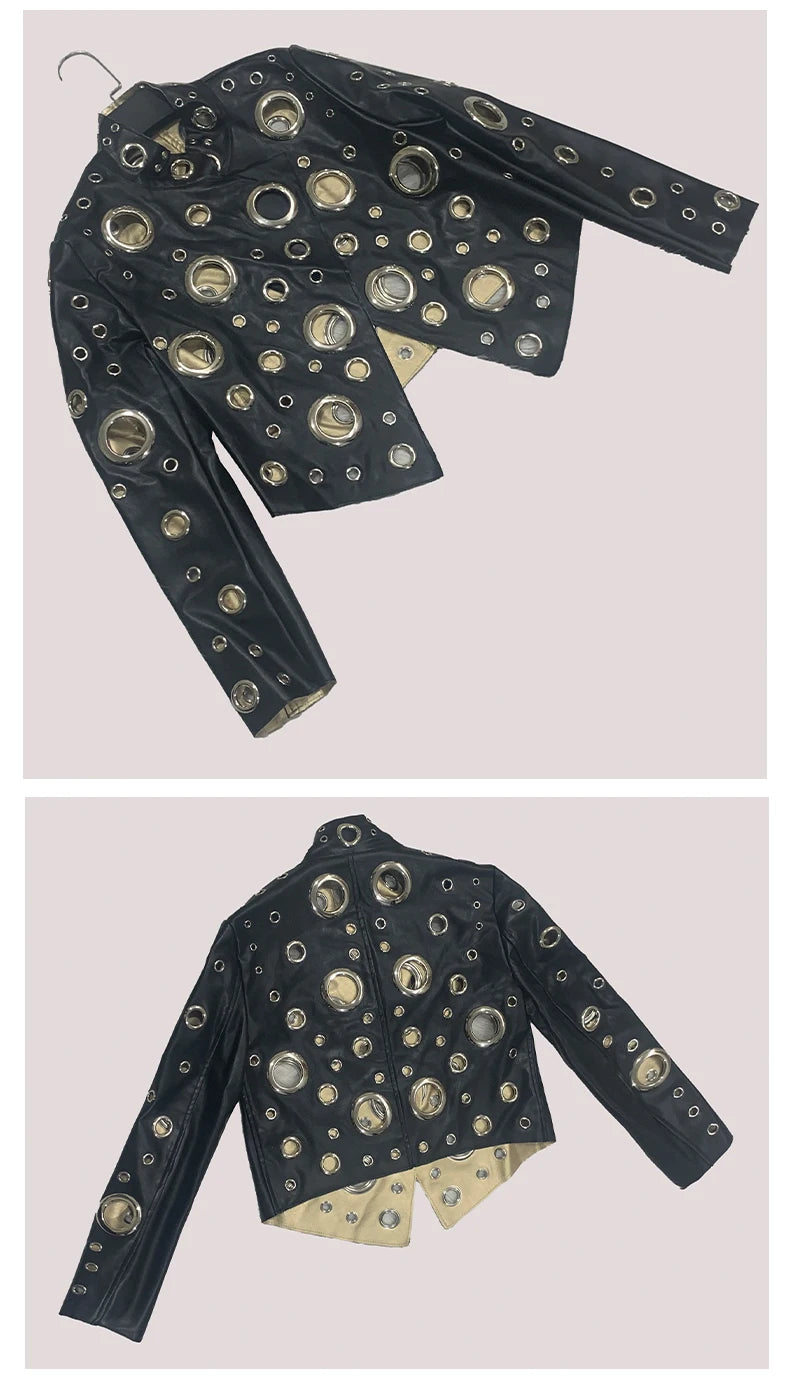 Mauroicardi Spring Short Hollow Out Patchwork Short Pu Leather Jacket Women Cool Luxury Designer European Style Clothes Fashion