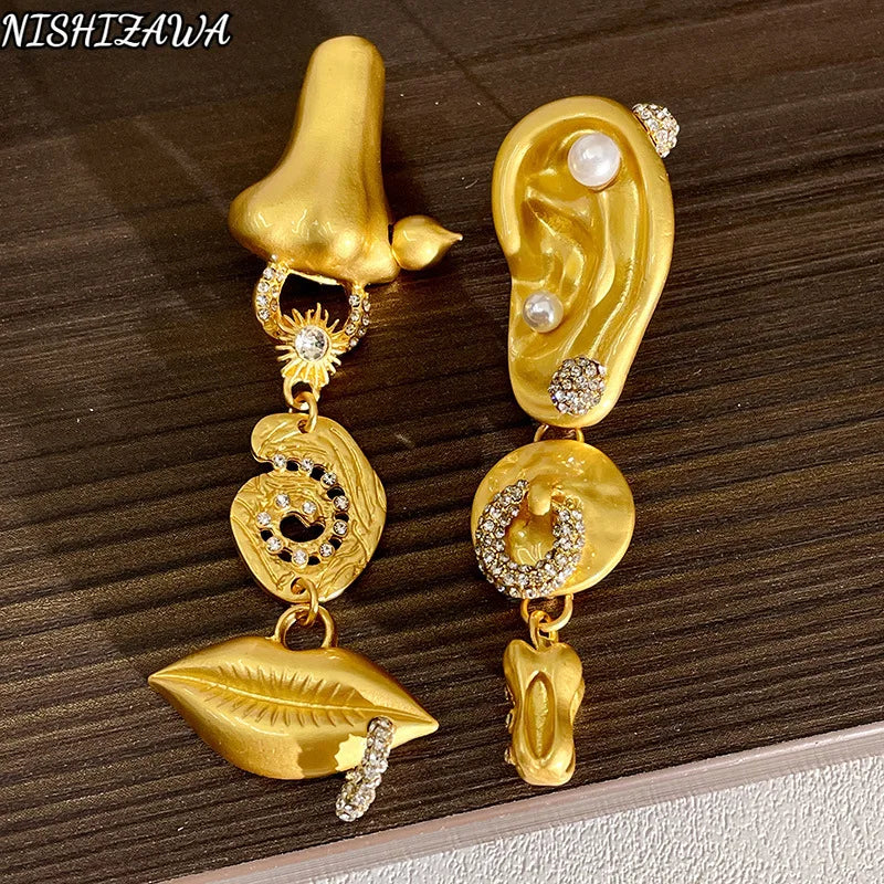 NISHIZAWA Asymmetrical Earrings for Women Human Face Gold Color Hyperbole Pendientes Mujer Medieval Fashion Retro Jewelry