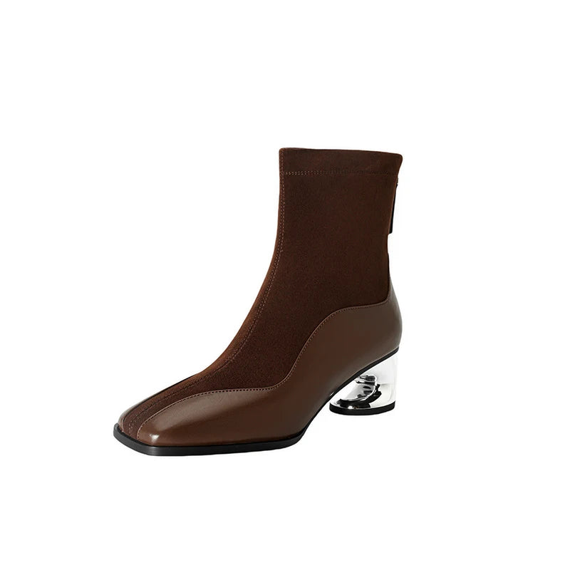 Modern Square Toe Chunky Woman Genuine Leather Ankle Boots Designer Suede Mid innovative Heels boots.