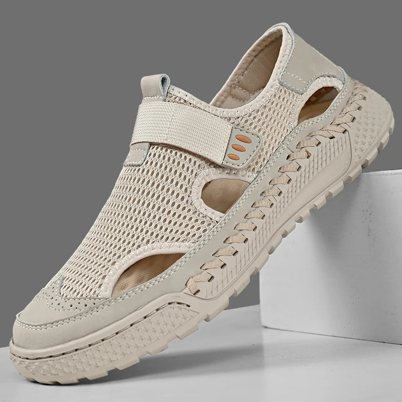 Brand Mesh Leather Men Summer Loafers Breathable Driving Shoes Moccasins Hollow Out Male Cool Lazy Shoe Leisure Walk Men Sandals