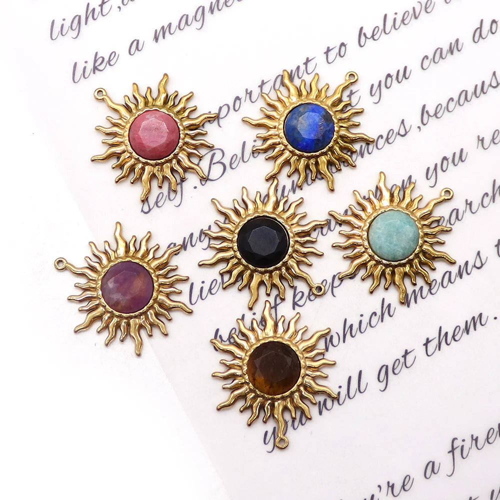 Solstice Sun Goodluck Pendant Shape Natural Amazonite Lapis Lazuli Black Agate Pendants Golden Frame Design Charms Jewelry Accessory 1 Pc For DIY Necklace