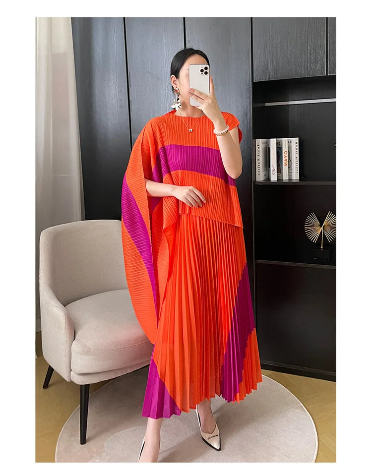 Miyake Pleated Two Piece Skirt Sets Women Sleeveless Irregular T-shirt Long Contrasting Color Skirt