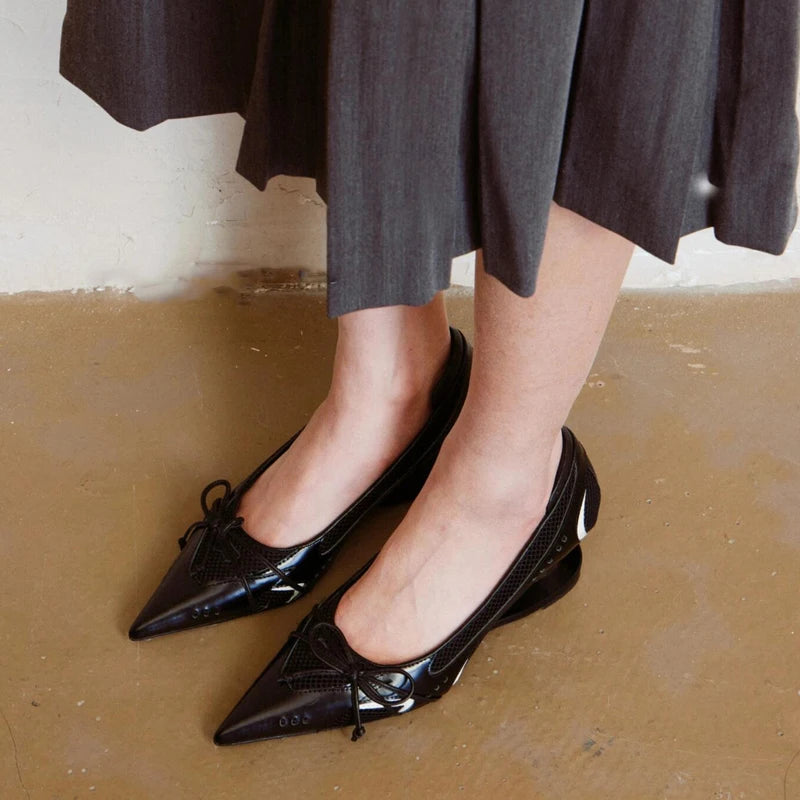 Special Heel Spliced Heels Pointed Toe Heels Women's Fashion Shallow Mouth Bow Non-Slip Mary Jane Single Shoes