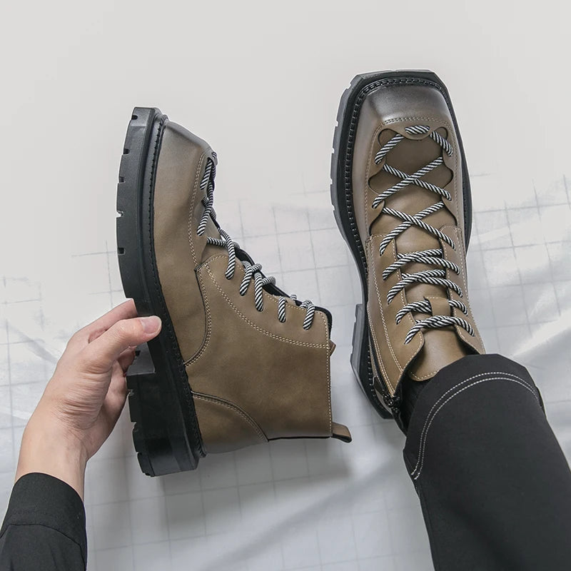 Autumn New Men Comfortable Lace Up Side Zipper High Top Leather Shoes Fashion Brand Round Toe Thick Soled Non Slip Outdoor Boots