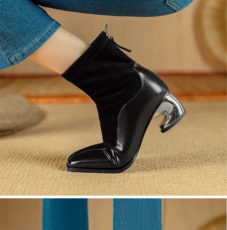 Modern Square Toe Chunky Woman Genuine Leather Ankle Boots Designer Suede Mid innovative Heels boots.