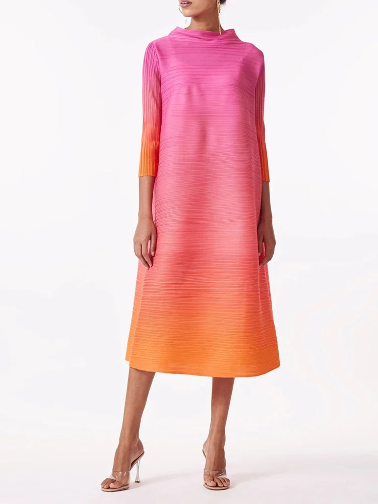 YUDX Miyake Elegant Gradient Pleated Dress Turtleneck Full Sleeves Pink Orange Fashion Mid-Calf Dresses For Women 2025 New
