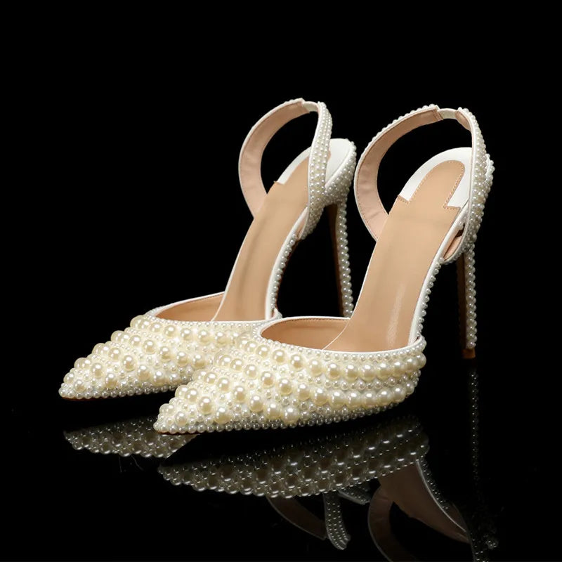 Luxury Handmade Full Pearls Wedding Women Pumps Elegant Pointed toe Slingbacks high heels Fashion Summer Party Bridal Shoes