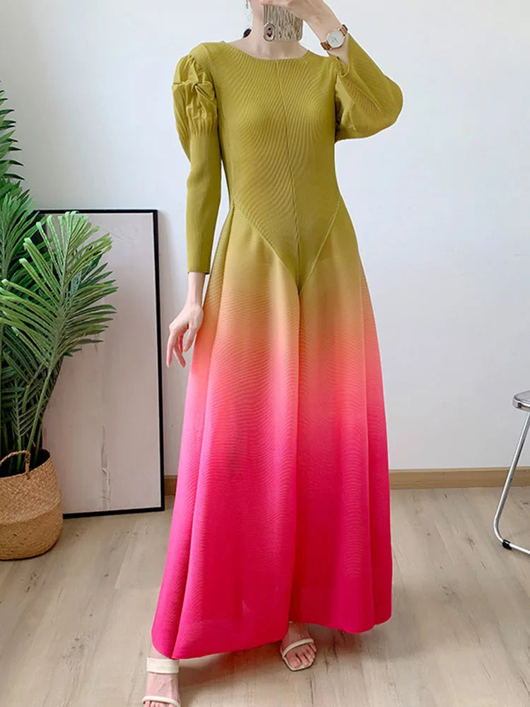 Miyake Pleated Fashion Dress O-Neck Long Sleeve Spliced Ruffles New 2023 Summer Evening Party Clothing Lady Middle East HotSales