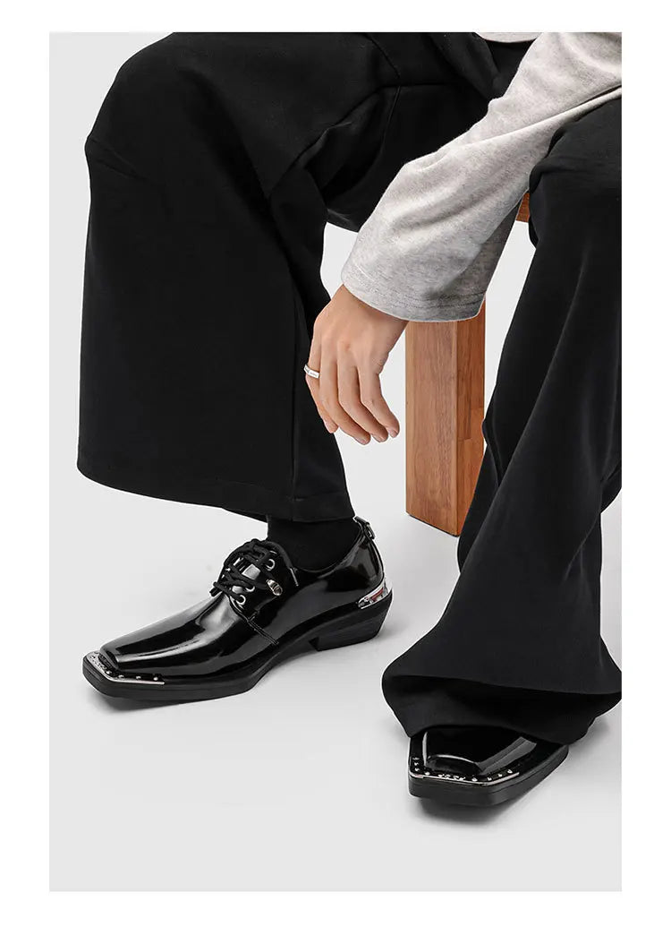 Metal Square Toe Derby Shoes Fashionable Thick Soled Lace Up Design Upturned Toe Thick Heel Trendy Men's Casual Leather Shoes