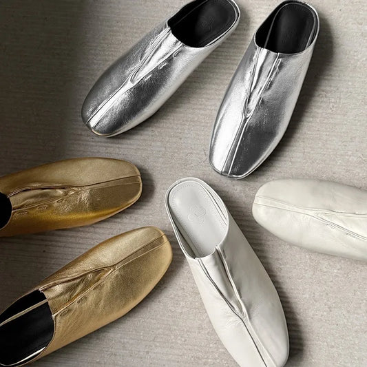 Genuine Sheepskin Mules Women Covered Square Toe Deep Mouth Flat Heel Casual Slippers Female Vacation Slides
