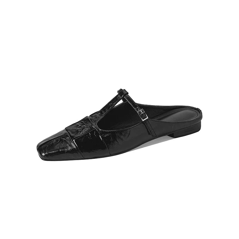 Genuine Leather t-strap Slippers Women Covered Toe Low Heel Slides Ladies Summer Vacation Slippers Female
