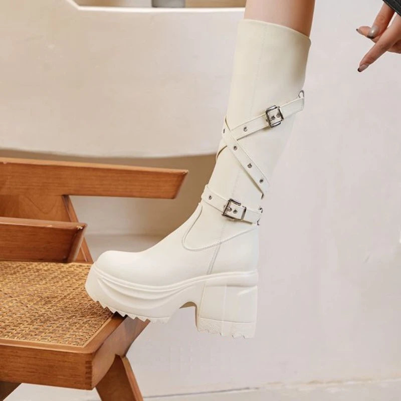 Fujin 10cm Microfiber Women Boots British Boots ZIP Synthetic Leather Ankle Spring Platform Wedge Knee High Fashion Autumn Shoes