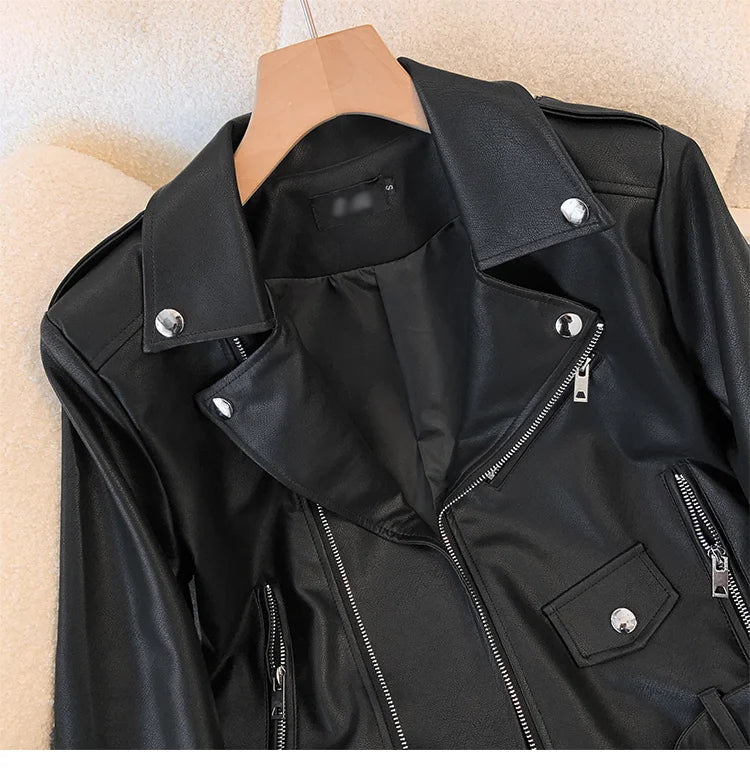 Blue PU leather jacket for women's spring autumn short Street style 2025 new retro motorcycle Leather Coat top