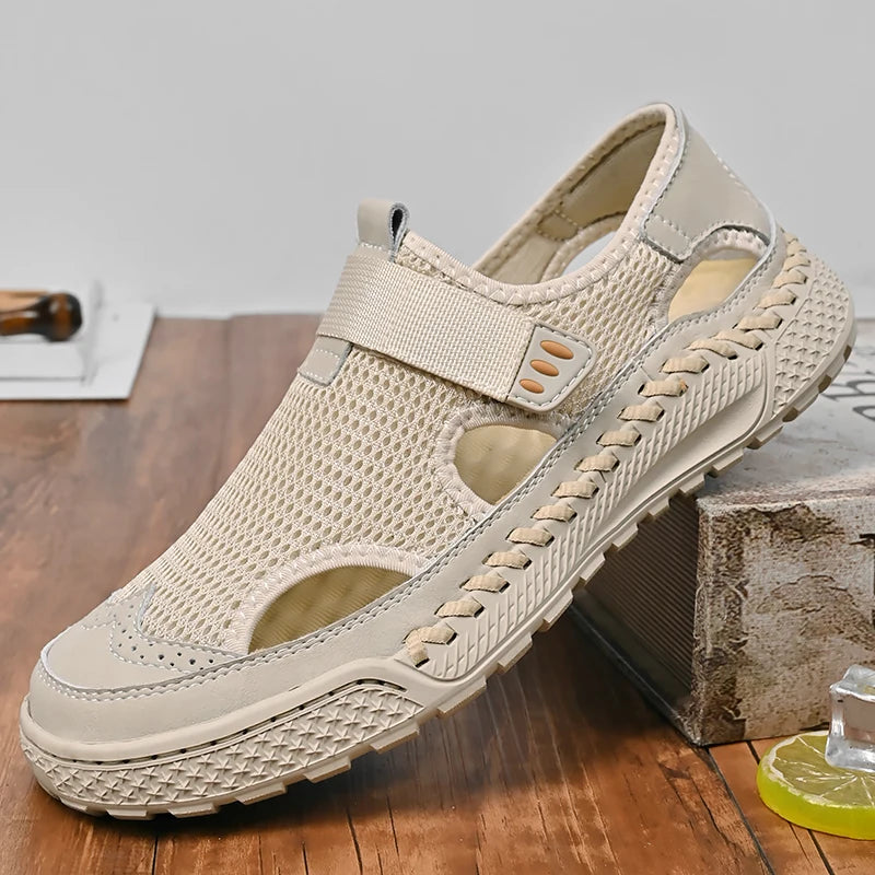 Brand Mesh Leather Men Summer Loafers Breathable Driving Shoes Moccasins Hollow Out Male Cool Lazy Shoe Leisure Walk Men Sandals