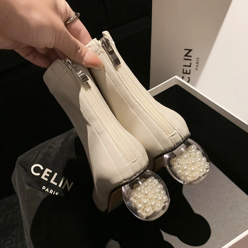 Stretchable Short Boots Women Square Toe Pearl Heels Young Ladies Fashion Ankle Boots Female Party Dating Shoes