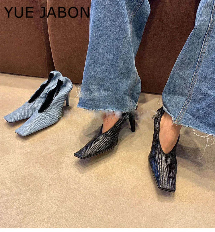 Black Square Head Early Spring New Lady Pumps Zebra-Print Soft Leather Pleated Elastic Witch High Heel Deep Mouth Granny Shoes