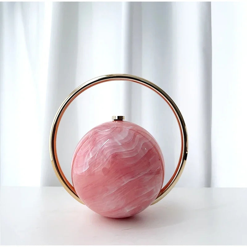  Designer Electroplating Circular Handle Handbag,Sphere Evening Elegant Clutch Purse,Women Fashion Marble Pattern Tote Bag