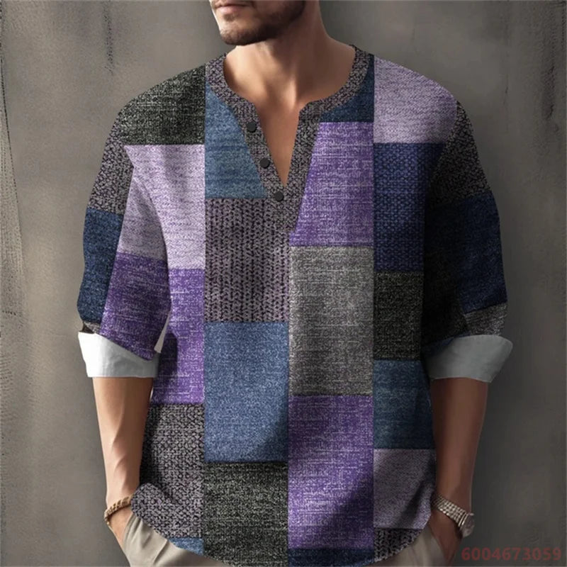 Men's Long-Sleeved Shirt for Summer Vacation, Featuring a Color-Blocked Geometric Print and Henley Collar; Stylish Men's Shirt.