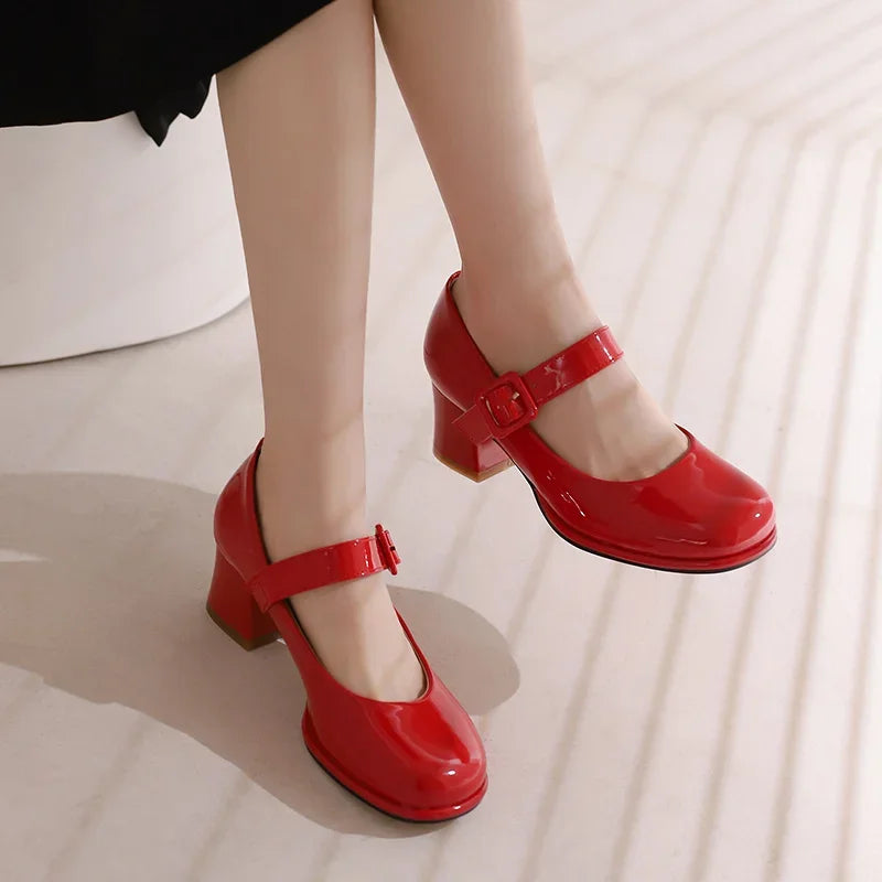 Spring Autumn Women Platform Mary Janes High Thick Heel Orange Red Patent Leather Dress Office Lady Round Toe Buckle Strap Pumps