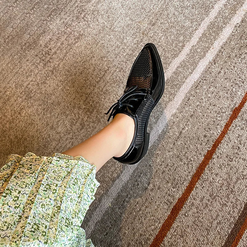 Spring Summer Genuine Leather Mesh Pumps Women Pointed Toe Lace Up Med Thick Heels Breathable Office Ladies Shoes 2025