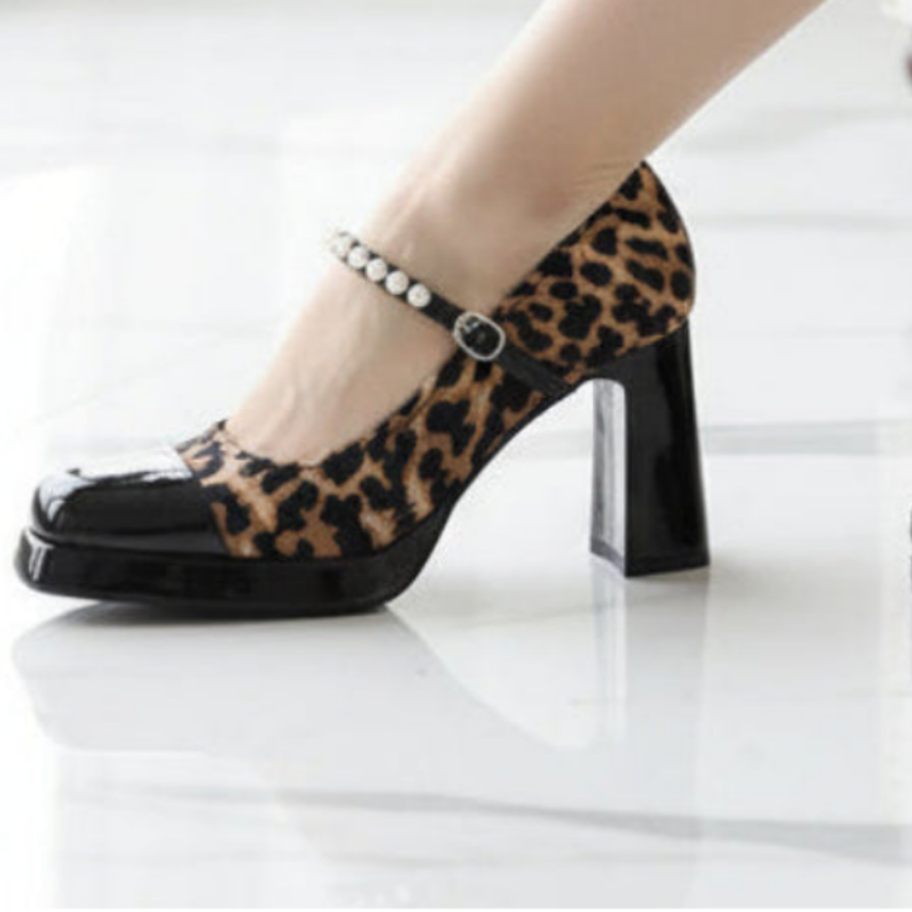 Fashion Leopard Printed Patchwork Pearls Women Pumps Spring Summer Platform Wedges Mary Janes High heels Chunky Dress Shoes