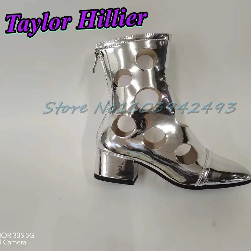 Silver Hollow Heeled Sandals Round Toe Heels Women Designer Luxury Shoes Spring Summer Hole Boots Ankle Short Boots Size Zipper