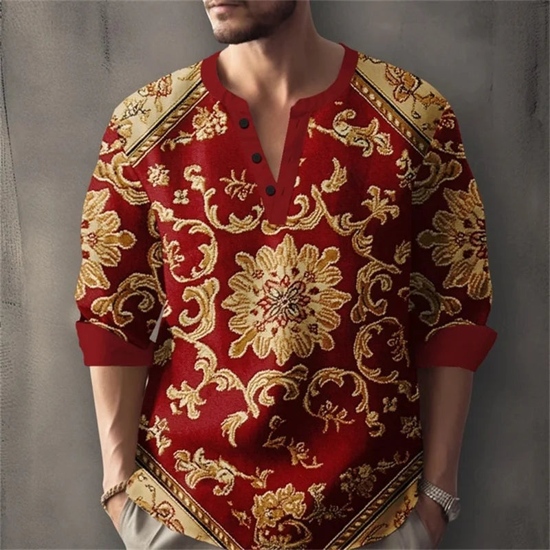 Men's Long-Sleeved Shirt for Summer Vacation, Featuring a Color-Blocked Geometric Print and Henley Collar; Stylish Men's Shirt.