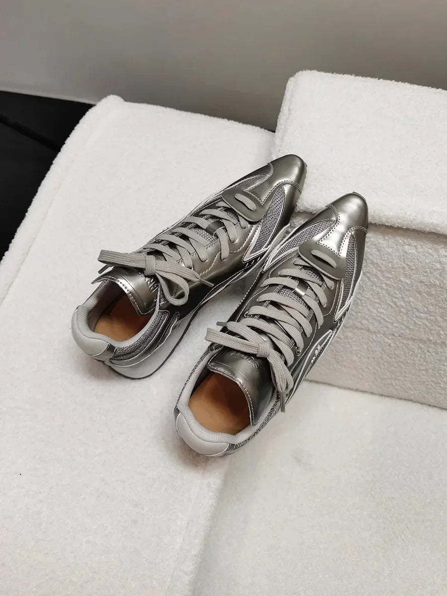 Trendy Pointed Toe Sport Shoes Heightening Gold And Silver Thread New Small Audience Design for Adult Women Summer Casual Shoes