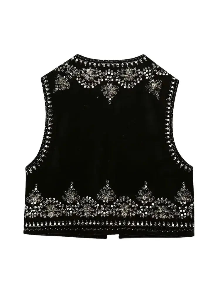 Women Fashion With Sequin Floral Embroidery Crop Waistcoat Vintage O Neck Sleeveless Female Outerwear Chic Vest Tops