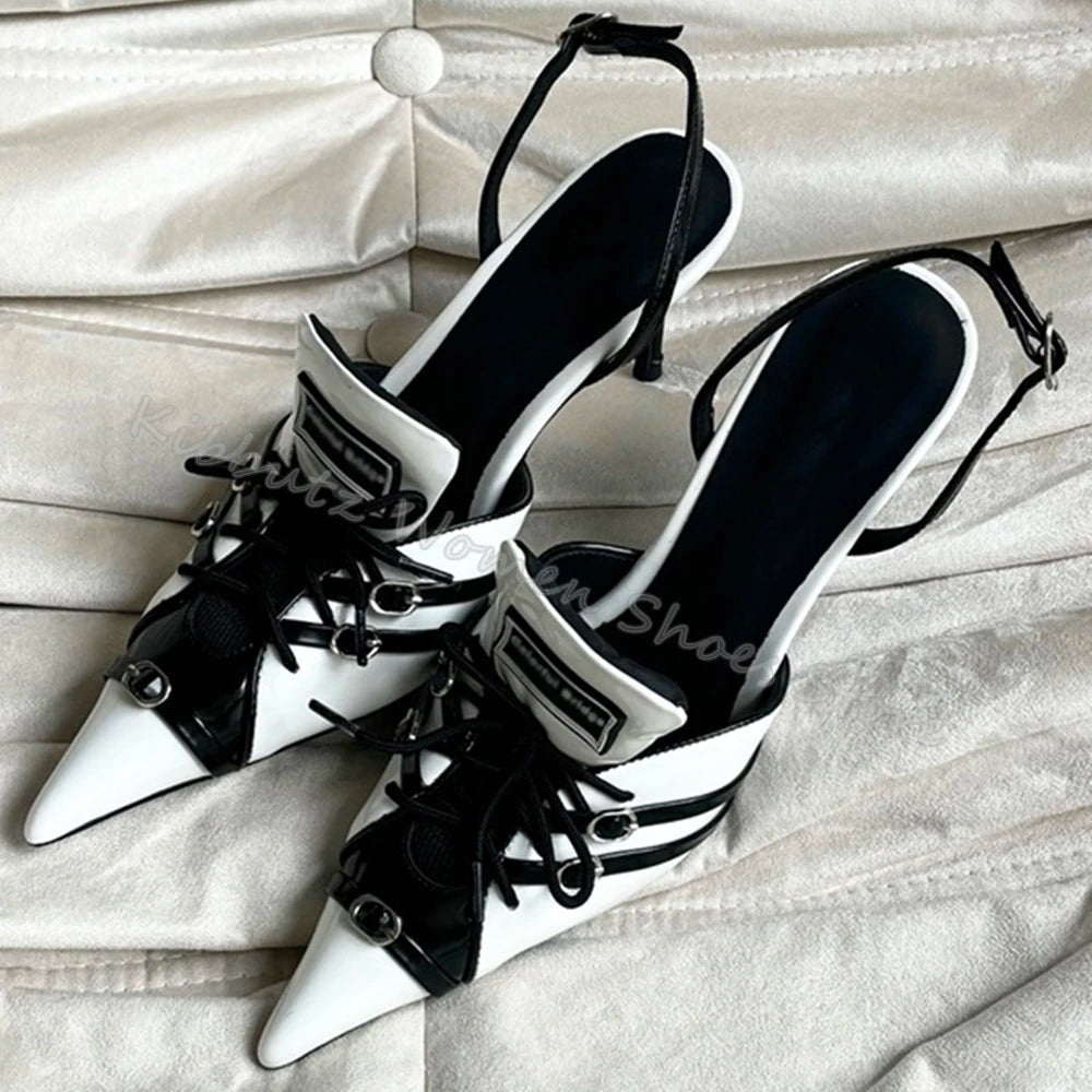 Mixed Color Pumps Lace-Up Pointed Toe Thin Heels Genuine Leather Slip-On Novelty Fashion Concise Sexy Party Women Shoes Newest