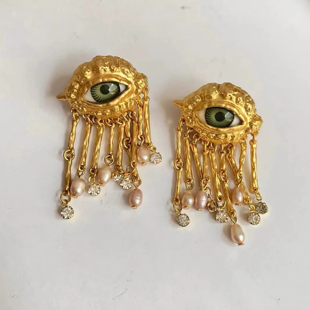 French Retro Unique Personality Exaggerated Eyes And Earrings Pearl Rhinestone Tassel Earrings Women's Jewelry Party Accessories