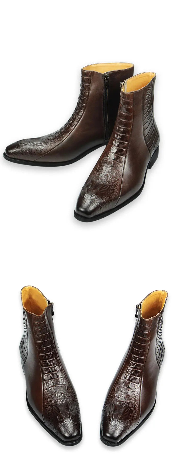 Genuine Leather Mens Boots Autumn Winter Vintage English Style Pointed Toe Work Boots Exquisite Crocodile Engraved Zipper Shoes