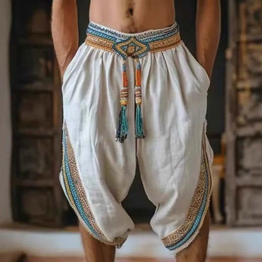 Summer Men's Tassel Elastic Waist Casual Beach Pants 2025 New Ethnic Linen Trendy Loose Printed Lace Comfort Cropped Pants Men's