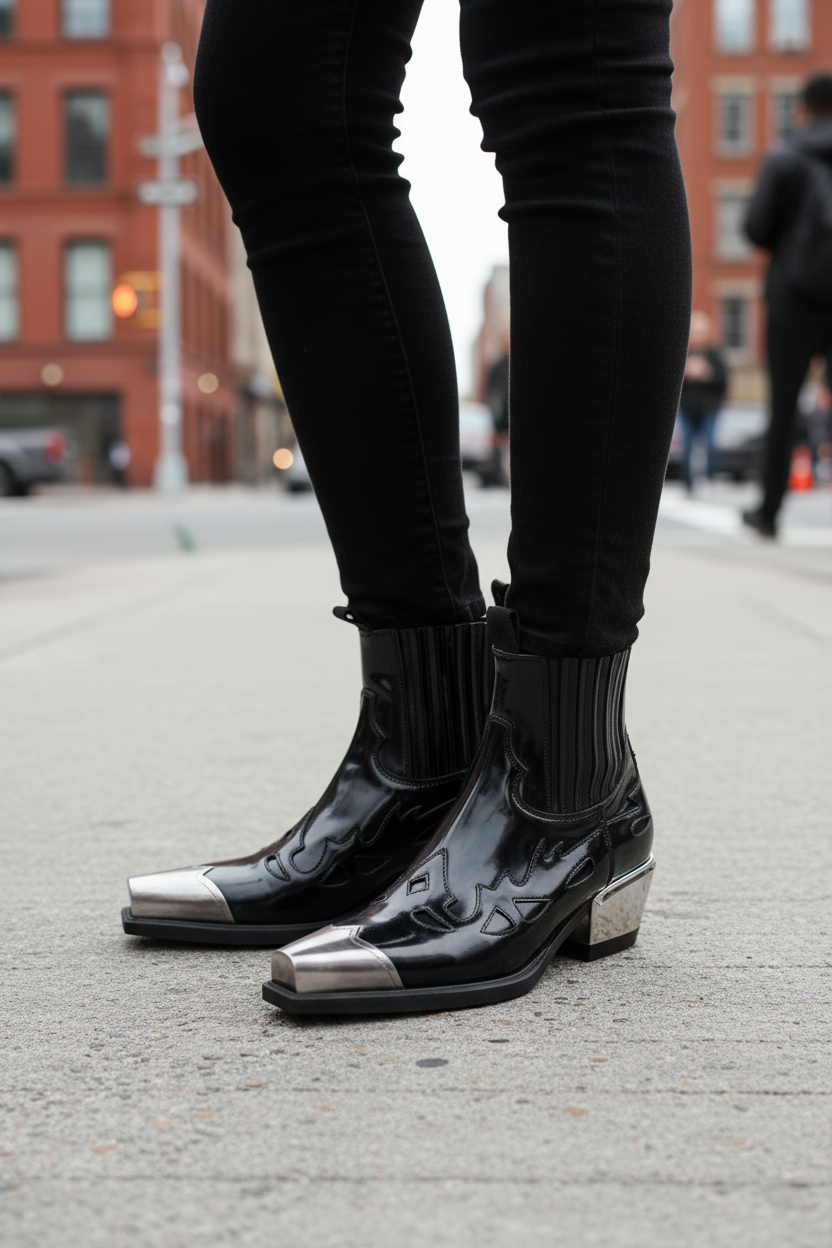 Mens Boots Fashion Brand Metal Punk Boots Men Woman Autumn Winter Western Cowboy Pointed Chelsea Boots for Men