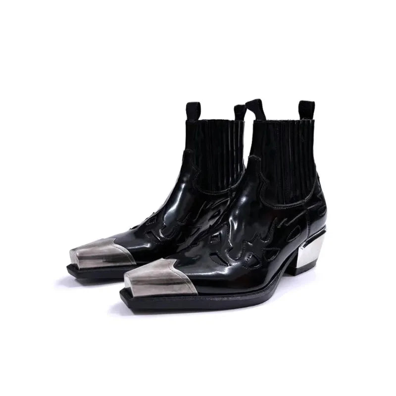Mens Boots Fashion Brand Metal Punk Boots Men Woman Autumn Winter Western Cowboy Pointed Chelsea Boots for Men
